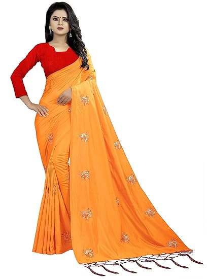 Kedar Fab Womens Silk Embroidery Saree With Blouse Piece (Orange)