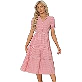 Allegra K Gingham Dress for Women 2026 Summer Short Sleeve Ruffle Trim V Neck Button Decor Flowy Midi Dresses
