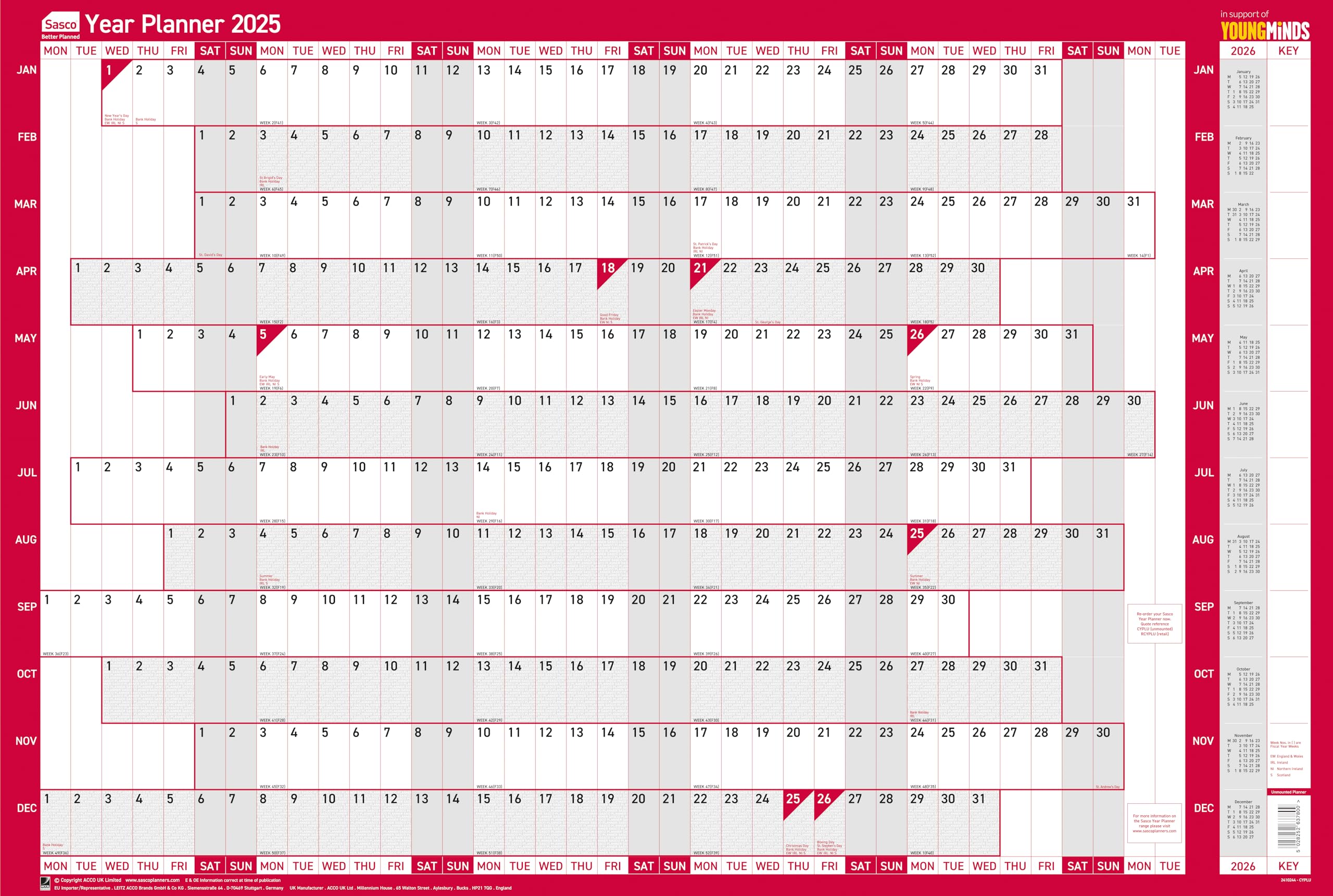 Sasco 2025 Compact Yearly Wall Planner, Paper Mini Whiteboard Poster Style Dry Erase Calendar, Small Wall Planner with Dry Erase Pen, Pen Clip & Stickers, Wall Chart, Blue, 610x405mm, 2410244