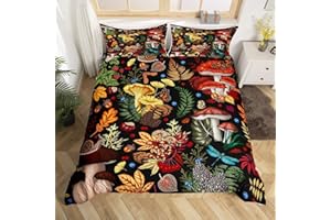 Castle Fairy Wild Botanical Trippy Mushroom Decorations,Nature Burgundy Plant Print King Size Duvet Cover for Teens Adults,Mushroom Bedroom Decor Soft Comforter Cover with Zipper Closure