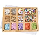 Favonuovy Seed Beads Sorting Tray with Magnetic Acrylic Lid and Elastic Band Bead Boards for Jewelry Bracelet Making Wooden Beading Mat Engraved with 7in Ruler, 13 Compartments and Letter A-M