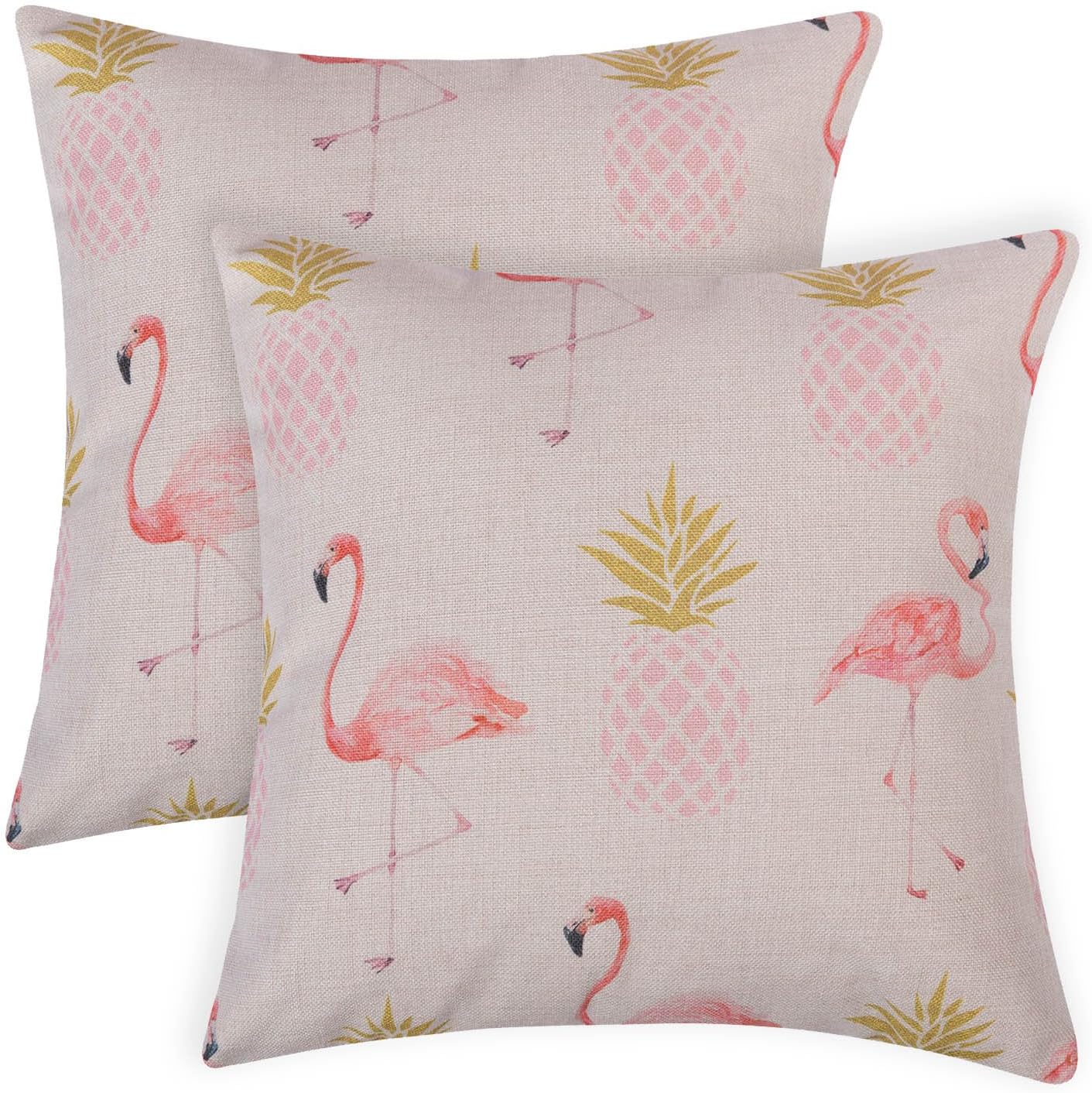 Ofat Home Pink Flamingo Pineapple Decor Throw Pillow Covers, Decorative Square Cotton Linen Cushion Cover, Indoor Outdoor Living Room Sofa Home 18 x 18 Inch, Set of 2 (Covers Only, NO Insert)