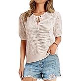Saodimallsu Womens Crochet Sweaters Puff Short Sleeve V Neck Tie Front Lightweight Casual Summer Trendy Knit Tops