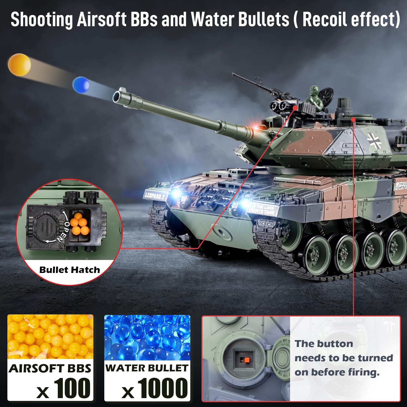 1:18 RC Tank, 2.4Ghz German Leopard II Remote Control Tank Model Toys, Battle Army Tank 15 Channel with Smoke Light and Sound, Military Toy for Adults and Kids That Shoots BBS and Water Bombs