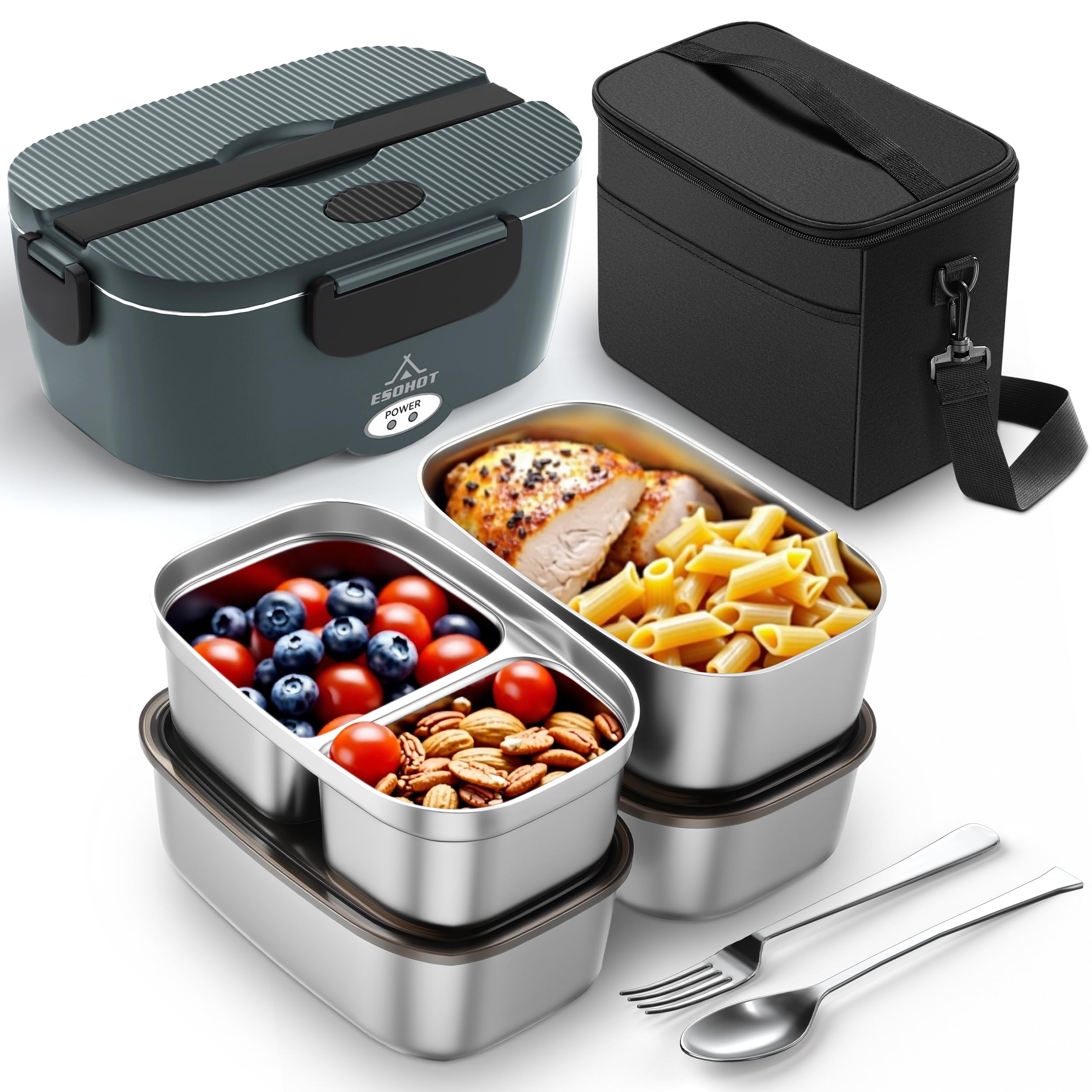 Photo 1 of ***MISSING PIECES*** ESOHOT Heated Lunch Box,120W Electric Lunch Box for Adults with 1.5L 304 Stainless Steel Container, 12V/24V/110V Lonchera Eléctrica Portátil for Travel,Work,Car,Truck (Charcoal Grey, 1.5L x 4)