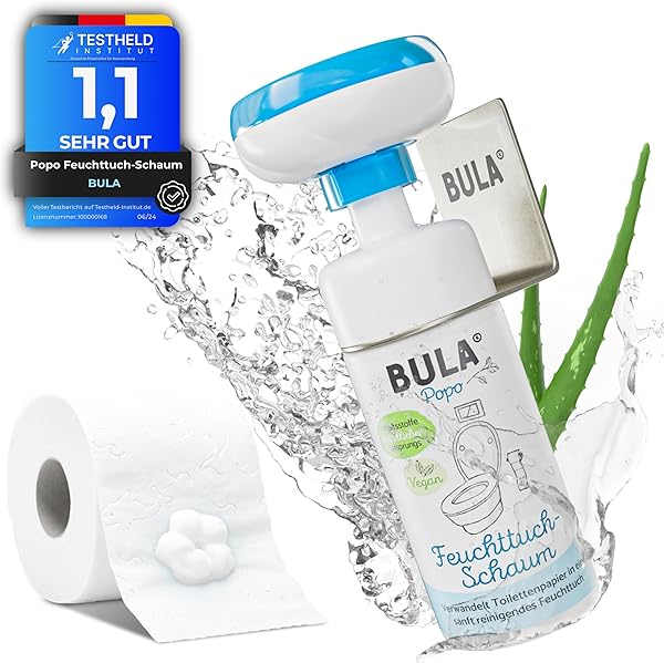 BULA® Popo Home Bundle | Feuchttuch-Schaum 150ml Flasche + Blumen-Schaumpumpe inkl. Edelstahl Halter | Popo Schaum als nachhaltige Alternative für (Baby u. Toiletten-) Feuchttücher | BULA Starterset