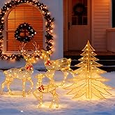 Vivantia 4-Piece Lighted Large Deer Family Set Outdoor Christmas Tree Reindeer with Bow Bells Decorations 2D Light up Waterproof Yard Decor for Patio Lawn Garden Xmas Holiday Party, Gold