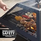 ZENO Square Fire Pit 3 in 1 BBQ Grill Patio Heater Mesh Lid Log Poker view 7