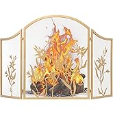 WICHEMI Fireplace Screen 3 Panel Folding Fireplace Screens 48.4 x 25.6 Inch Lily Pattern Golden Fireplace Screens Baby Safe P
