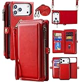 MInCYB for iPhone 17 Pro Max Wallet Case, [Compatible with Magsafe] [Magnetic Detachable] [RFID Blocking] PU Leather Case with Card Holder & Crossbody Strap for Women Men, Red