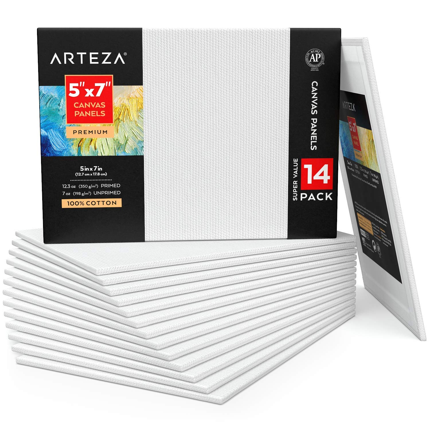 Arteza Stretched Canvas for Painting, Pack of 14, 12.7 x 17.8 cm, 12.3-oz Gesso Primed 100% Cotton Blank Canvases for Acrylic Painting and Pouring