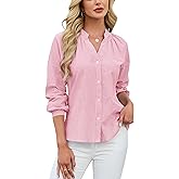 Blooming Jelly Womens Striped Button Down Shirt V Neck Long Sleeve Cotton Blouse Business Casual Trendy Fashion Work Tops