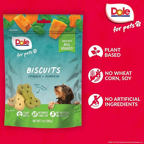 DOLE FOR PETS DOG BISCUITS ASSORTED SPINACH + PUMPKIN MIX, REAL VEGETABLE FLAVOR VEGAN CRUNCHY TREATS, NO WHEAT CORN SOY OR ARTIFICIAL ADDITIVES, BITE SIZE TRAINING SNACKS FOR DOGS, 7 OZ