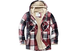 Veusna Men's Zip Up Flannel Shirt Jacket Fleece Lined Long Sleeve Plaid Coat Heavyweight Hoodie with Hood