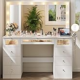 IFSEB Makeup Vanity Desk with LED Lights and Large 36.9’’ Mirror, 9 Drawers Vanity with Glass Top & 3 Color Hollywood Bulbs, 