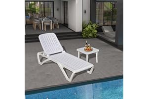 DOMI OUTDOOR LIVING Domi Patio Outdoor Chaise Lounge Chair, All-Weather Plastic Adjustable Reclining Lounger, Stackable Tanning Lounge Chair w/Wheels and Side Table, for Beach Garden Lawn Pool(1 White Chair W/Table)