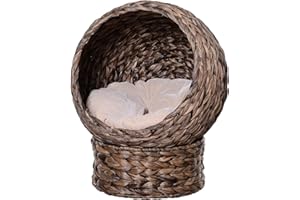 PawHut Handwoven Elevated Cat Bed with Soft Cushion & Cat Egg Chair Shape, Cat Basket Bed Kitty House with Stand, Raised Wicker Cat Bed for Indoor Cats, 23.5" H, Grey
