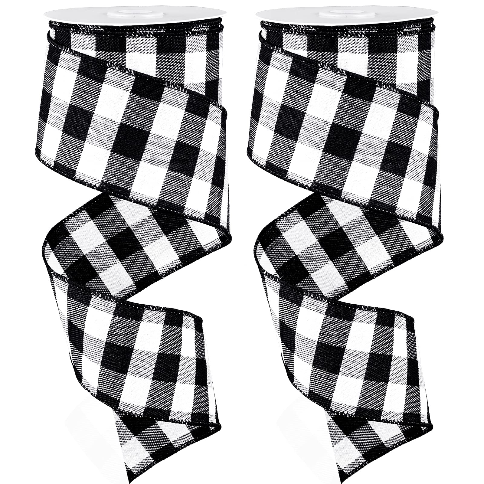 Whaline 2 Rolls Wired Edge Plaid Ribbon - Christmas Buffalo Check White Black 2.5'' Wide Farmhouse Craft for DIY Gift Wrapping, Wreath, Xmas Tree Bow Decoration, 20 Yard (W3232)