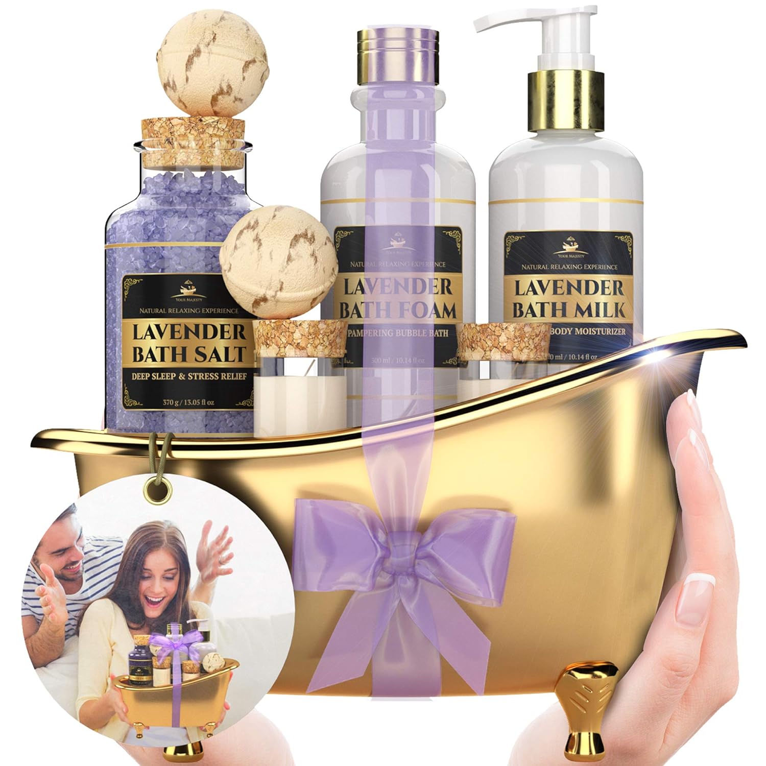 Deluxe Spa Gift Basket for Women, Bath Set [With Smokeless Candles], Calming Lavender, All-Natural Spa Kit: Relaxing Bath Foam, Salt, Milk, Candles & Bath Bombs - Ultimate Gift for Spa Lovers