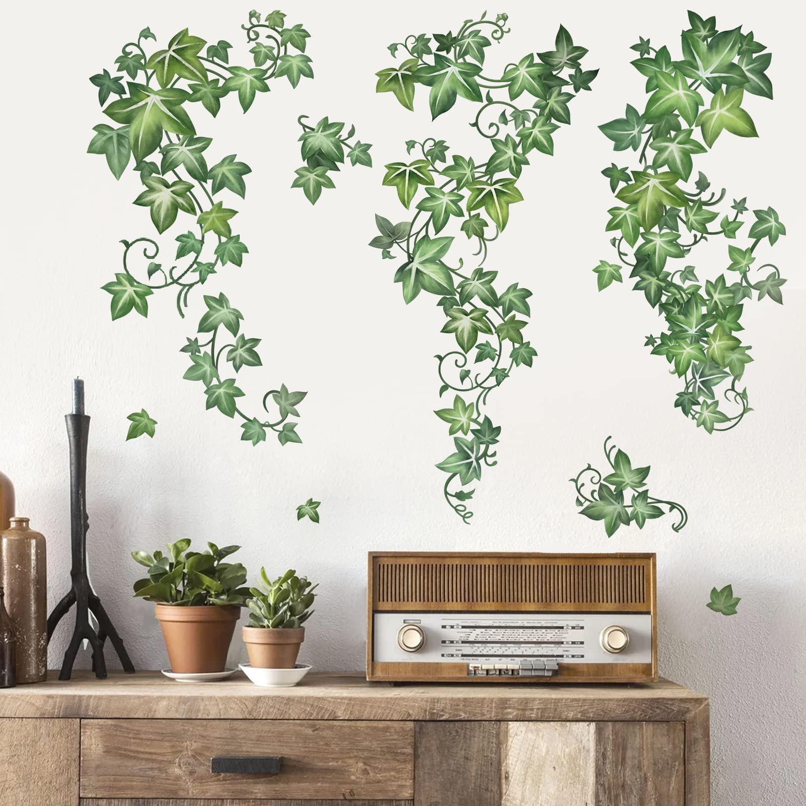 decalmile Green Vine Leaves Wall Decals Hanging Evergreen Ivy Plants Wall Stickers Living Room Bedroom Office Wall Decor