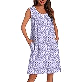 Ekouaer Cotton Nightgowns for Women Tank Sleeveless Night Gowns Lace Button Sleep Dress House Dress with Pockets S-3XL