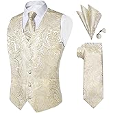 DiBanGu Mens Paisley Suit Waistcoat Silk Dress Vest and Necktie Pocket Square Cufflinks for Wedding Party