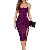IHOT Women's Square Neck Side Slit Sparkly Glitter Ruched Bodycon Cocktail Night Club Party Midi Dress