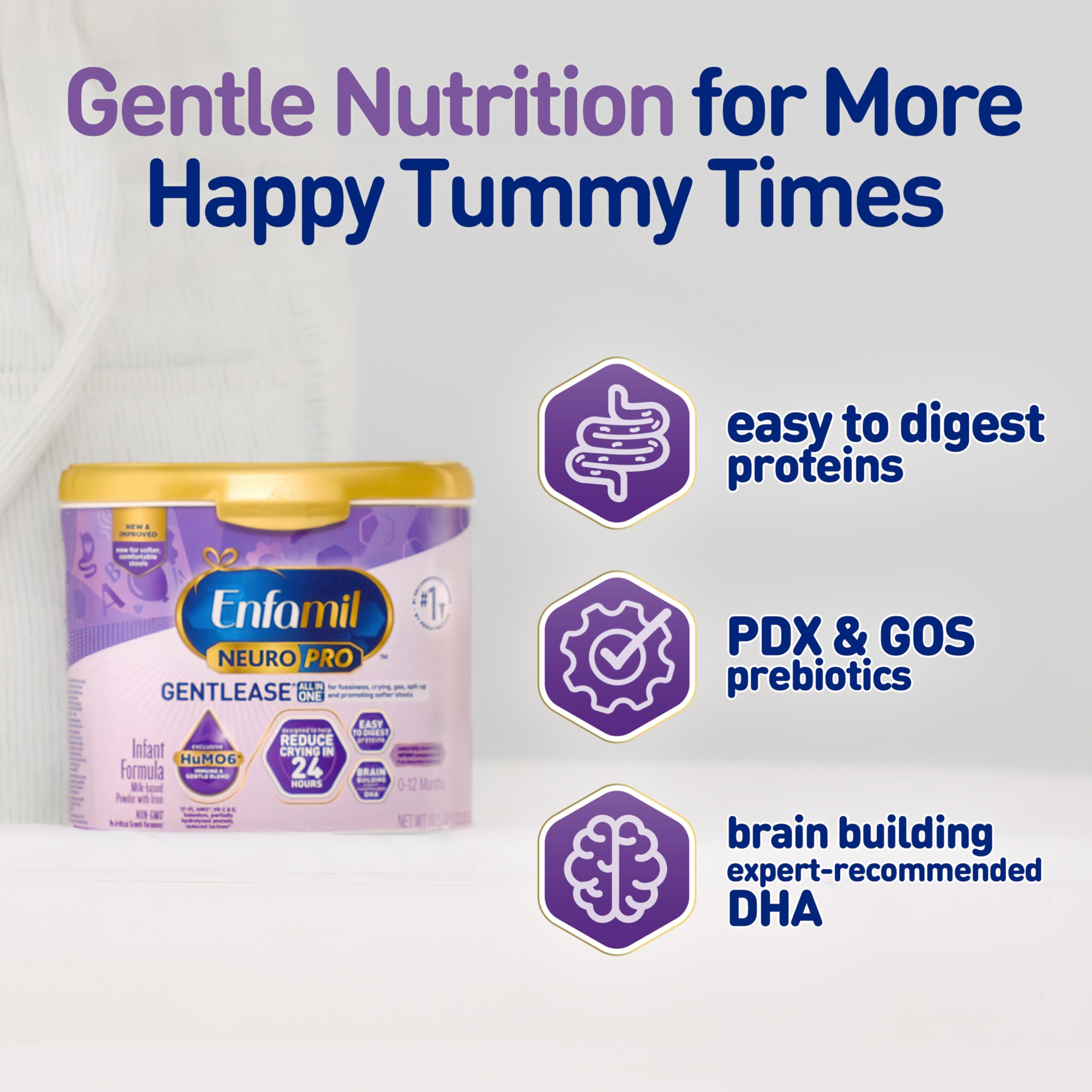 Enfamil NeuroPro Gentlease Baby Formula, Brain Building DHA, HuMO6 Immune Blend, Designed to Reduce Fussiness, Crying, Gas & Spit-up in 24 Hrs, Prebiotics to Promote Softer Stools, Baby Milk, 27.4 Oz
