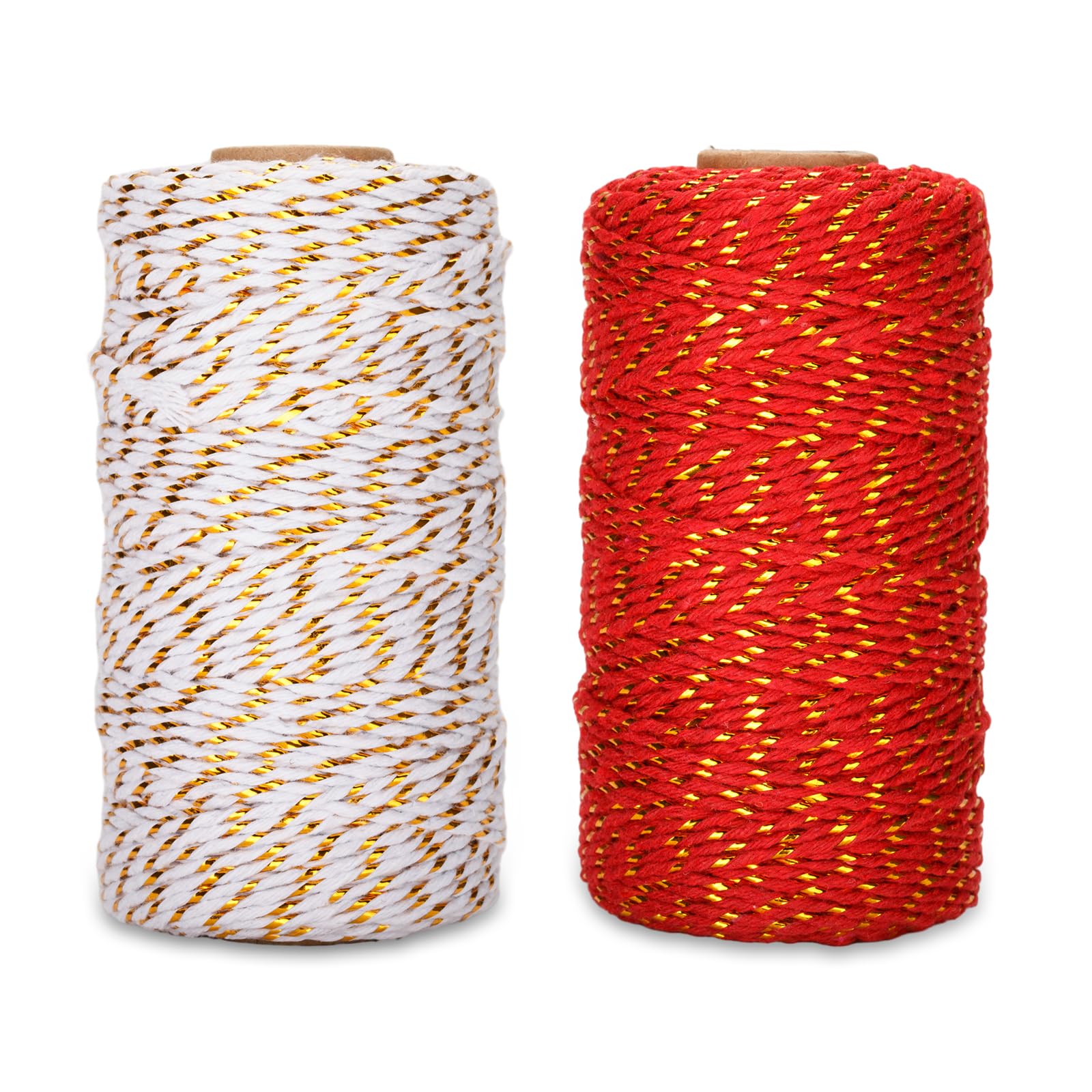 200M Craft Cotton String Twine, 2MM Red and White String Christmas Craft Twine(100M Red&Gold String+100M White&Gold String)
