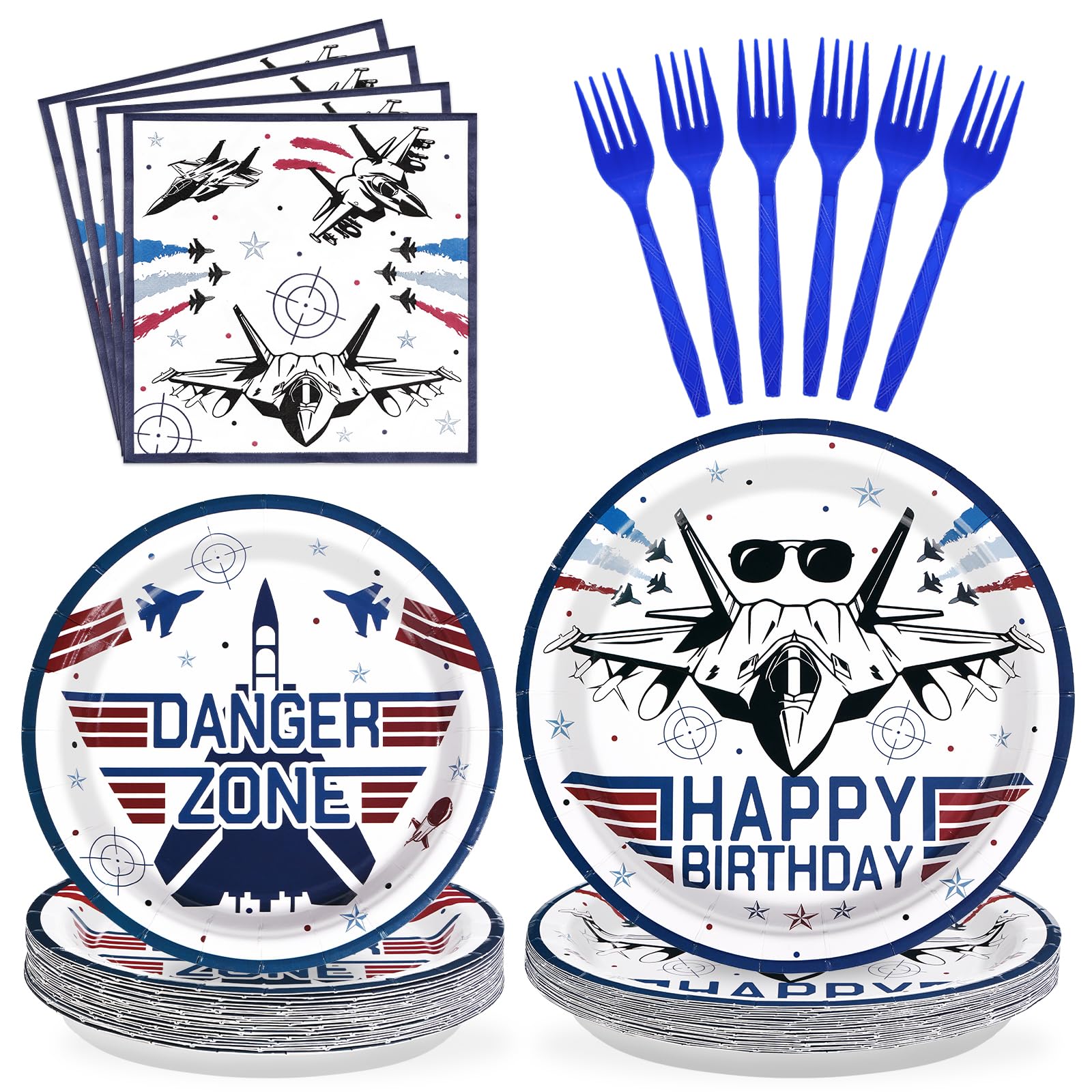 Photo 1 of 96 Pcs Fighter Jet Pilot Birthday Decorations Military Jet Plates and Napkins Top Air Force Gun Tableware Set Airplane Birthday Party Decorations for Pilot Aviation Aircraft Party Supplies Serves 24