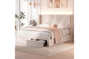 JIVOIT Full Size Platform Bed Frame with Wingback Headboard, Velvet Upholstered Bed with Storage Drawers, Wooden Slats Support, Mattress Foundation, No Box Spring Needed (Beige/Full/504)