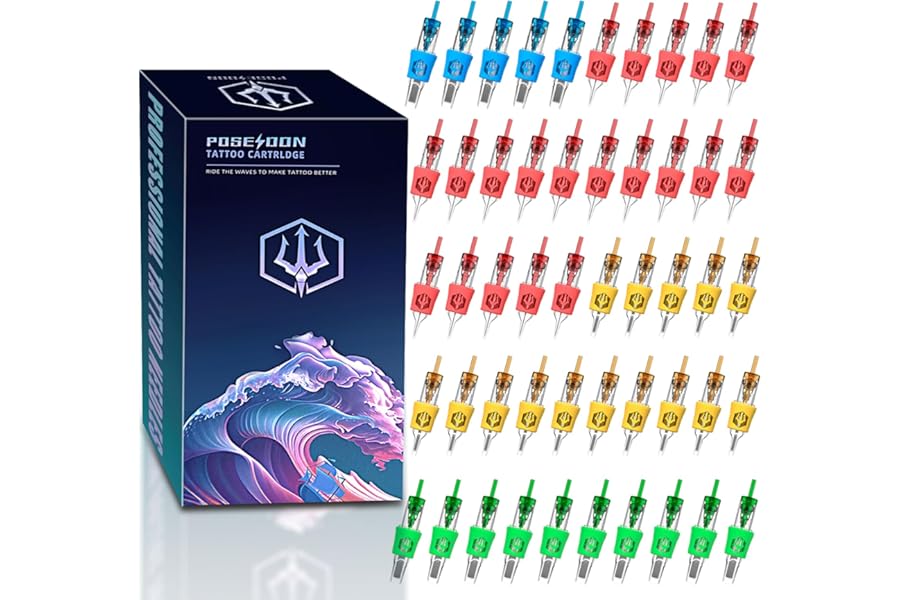 Poseidon 50Pcs Tattoo Cartridge Needles Assorted Mixed Size Round Liner Shader Magnum Curved/Round Mag # 12 Standard 3RL 5RL 7RL 9RL 5RS 7RS 9RS 7RM 9RM 9M1 Disposable Membrane for Tattoo Pen