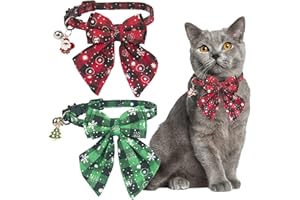 ADOGGYGO Christmas Cat Collars Breakaway with Stylish Bow, 2 Pack Red Green Plaid Xmas Kitten Collar with Bell, Removable Bowtie Christmas Collar for Cats (7.5"- 10.5")