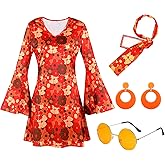 Hercicy 4 Pcs 70s Disco Dress Women Halloween Hippie Costume Accessories Headband Earrings Dress Sunglass