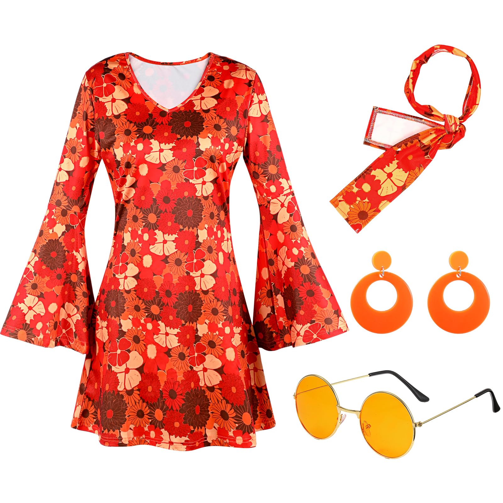 Photo 1 of Hercicy 4 Pcs 70s Disco Dress Women 70s Hippie Costume Accessories Christmas Dress Headband Earrings Sunglass Cosplay Party (Small)