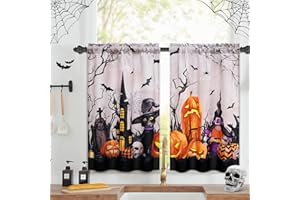 FRAMICS Halloween Kitchen Curtains 36 Inch Length Pumpkin Witch Cat Bat Small Window Curtains Halloween Tier Curtains for Kitchen, 26" W x 36" L, 2 Panels