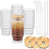 Vintage Glass Cups with Bamboo Lids and Straws–4Sets 11oz Iced Coffee Cups for Women, Aesthetic Glass Tumblers for Juice, Cocktail, Whiskey – Housewarming Gifts for New Home, Coffee Bar Accessories