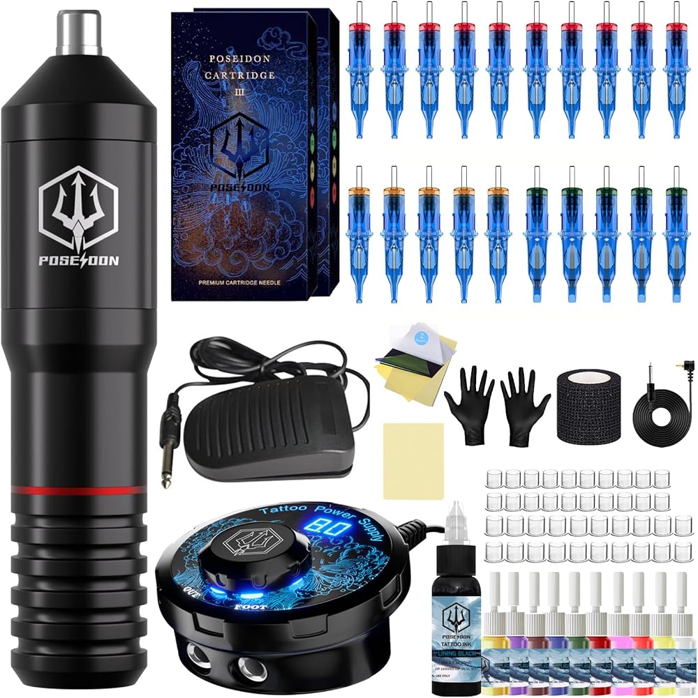 UPTATSUPPLY POSEIDON TK022 Rotary Tattoo Pen Machine Kit Power Supply 20