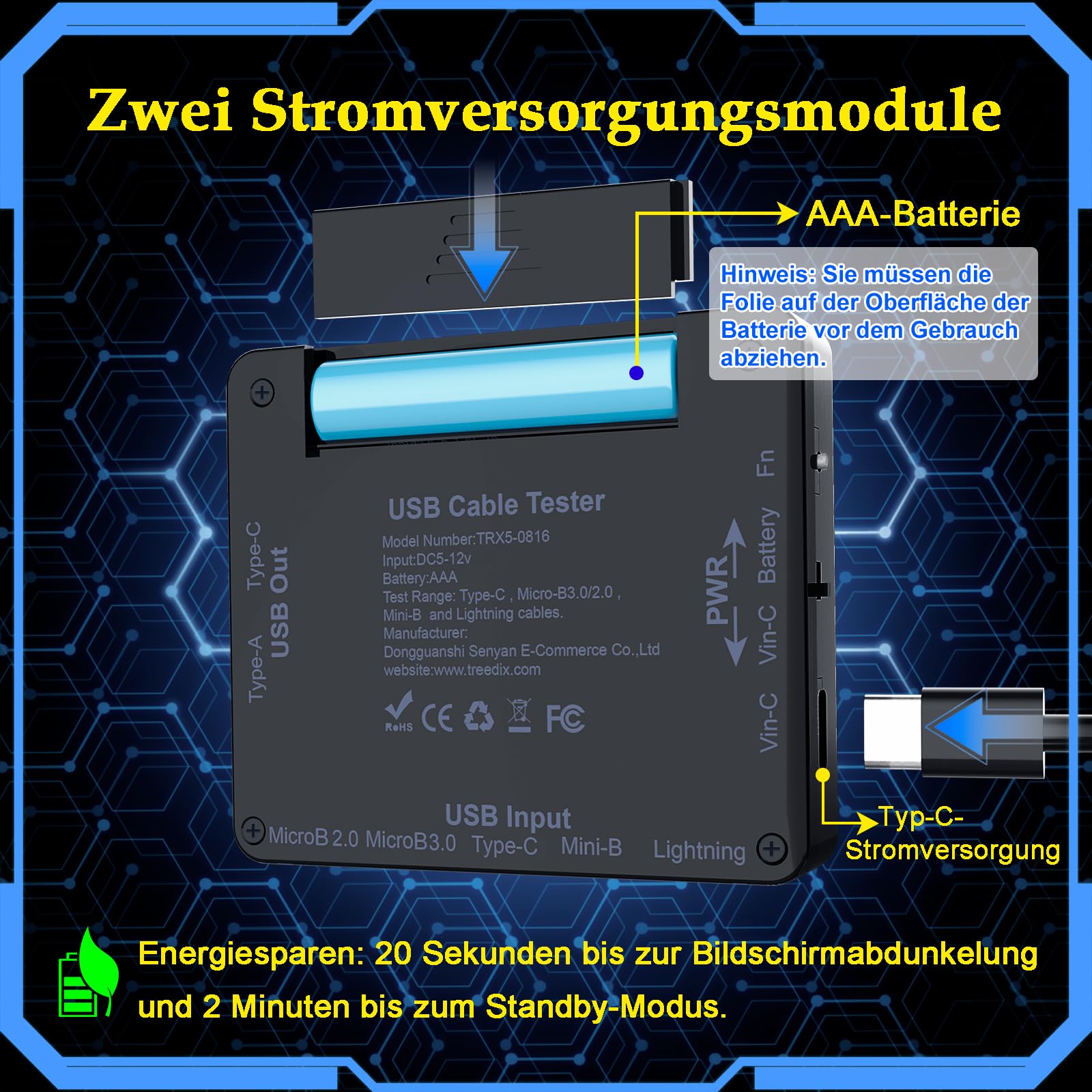 Treedix USB-Kabeltester, 2,4-Zoll-Farbdisplay USB-C-Kabeltester,USB-Tester unterstützt Kabeltests, Widerstandstests, Type-C eMarker für Lightning, Micro-B 2.0, Micro-B 3.0, Type-C, Mini-B 6
