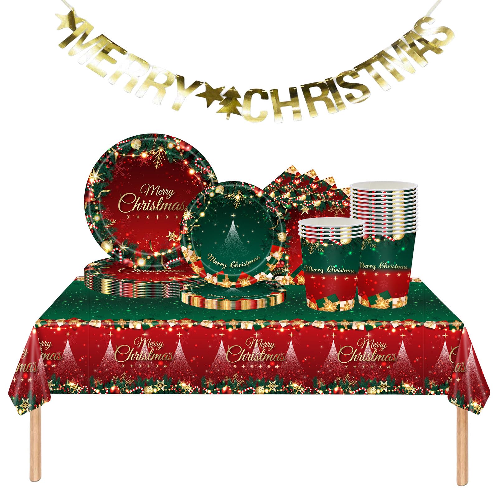 70PCS Christmas Tableware Set, Red & Green Disposable Plates, Napkins, Cups, Tablecloth & Merry Christmas Banner - Xmas Party Dinnerware & Decorations