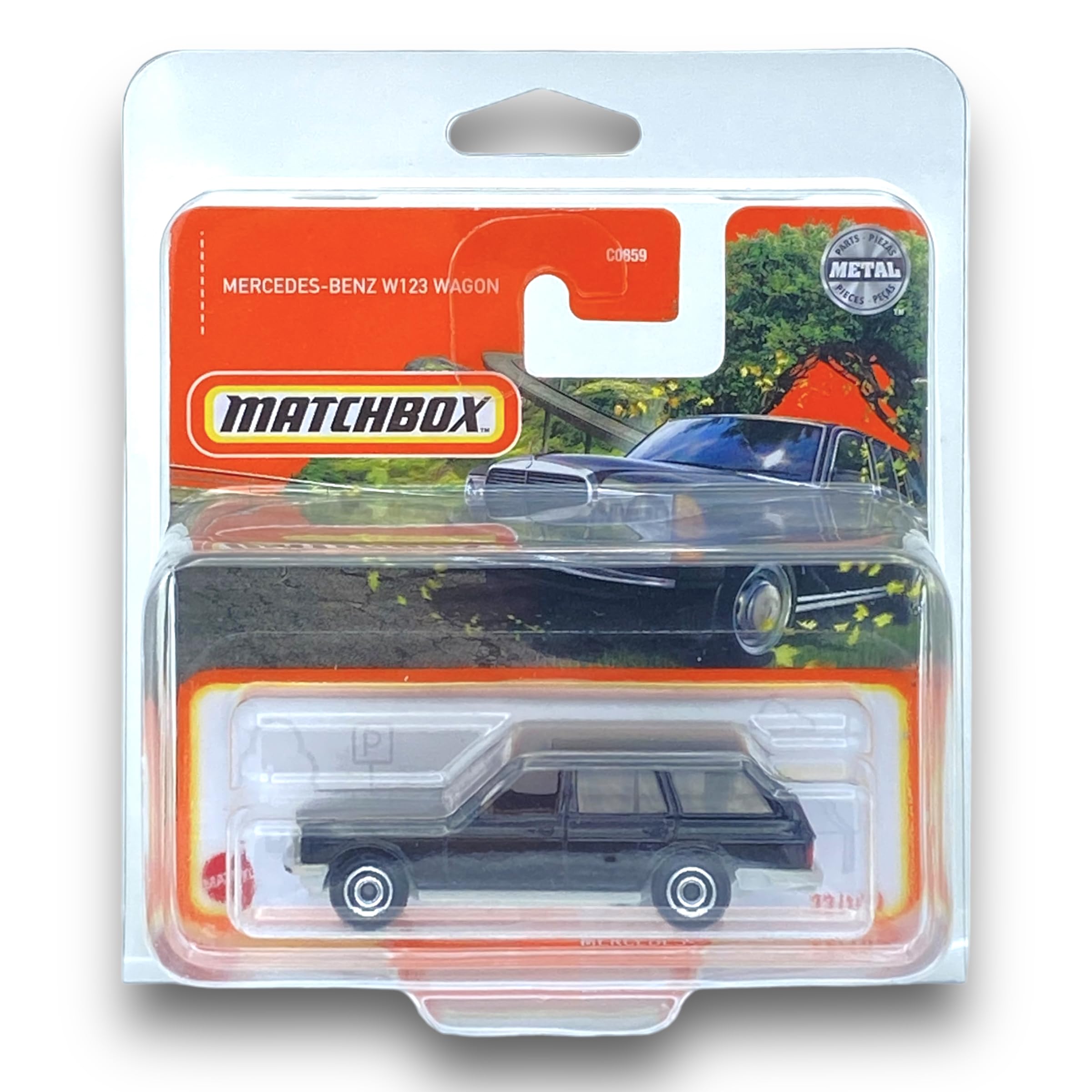 Matchbox Mercedes-Benz W123 Wagon (Black) - Mercedes-Benz 2023-22/100 (Short Card) - COMES IN A KLAS CAR KEEPER SHORT CARD PROTECTOR CASE - HFR51, MB021