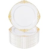 Nervure 100Pcs White and Gold Plastic Plates - 7.5inch Gold Disposable Plates - Heavyweight Plastic Dessert Plate for Wedding & Party