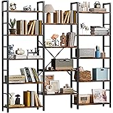 Shintenchi Triple Column 5 Tier Bookshelf, Industrial Large Bookcase Display Shelves, Large Etagere Bookshelf,Wide Book Shelf Book Case for Home & Office, Rustic Brown