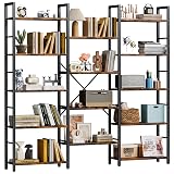 Shintenchi Triple Column 5 Tier Bookshelf, Industrial Large Bookcase Display Shelves, Large Etagere Bookshelf,Wide Book Shelf Book Case for Home & Office, Rustic Brown
