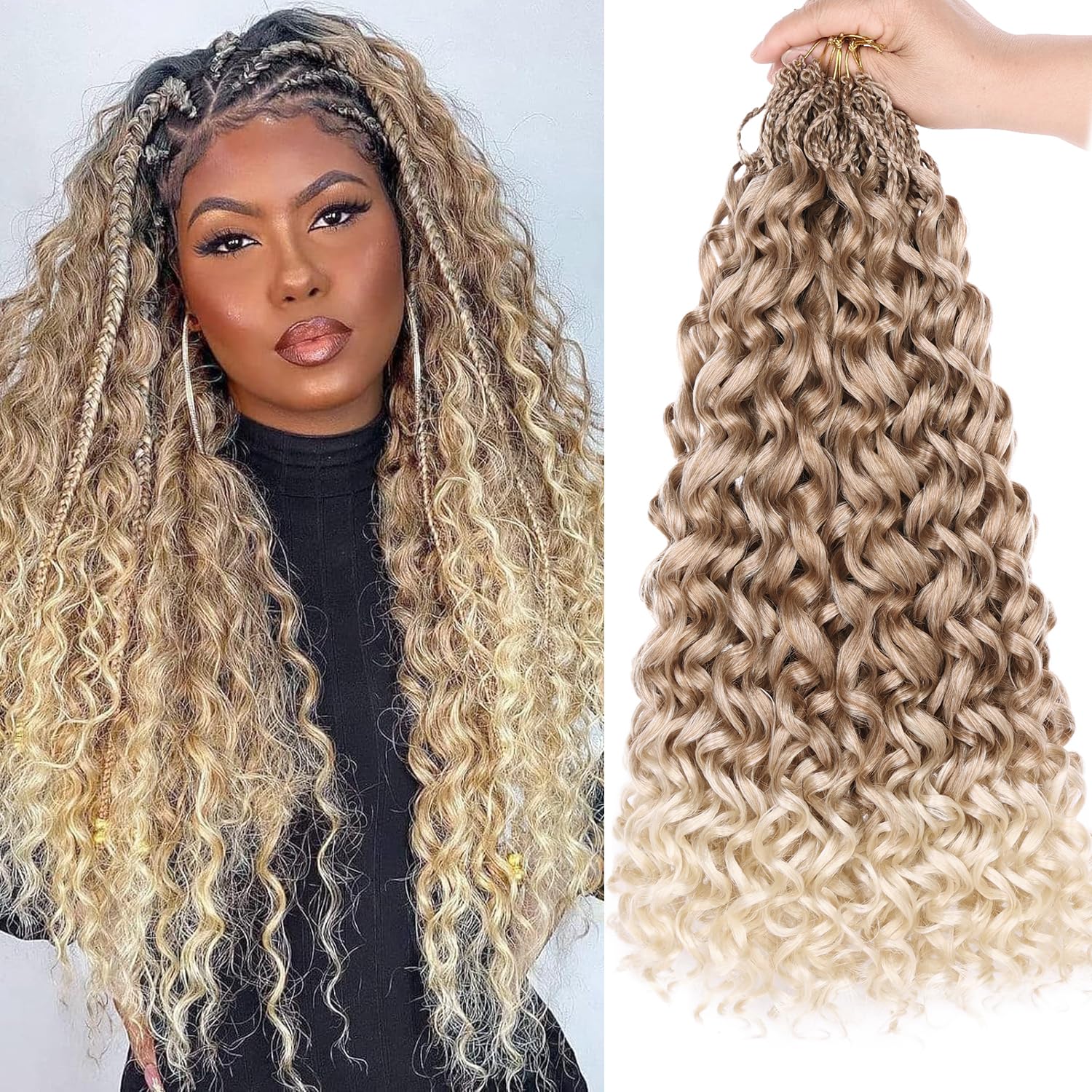 Mscat 18 Inch Gogo Curl Crochet Hair 8 Packs Pre Looped Water Wave Crochet Hair Ombre Blonde Ocean Wave Goddess Box Braids Deep Twist Synthetic Braiding Hair for Women(8 Packs, T27613#)