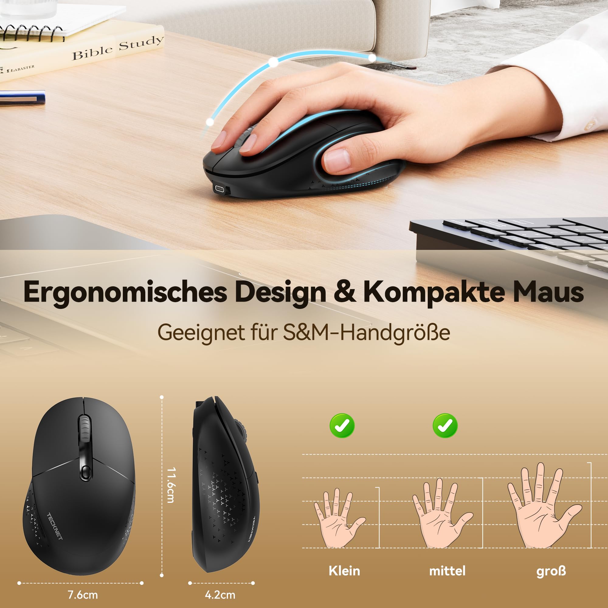 TECKNET Bluetooth Kabellose Maus Silent Tri-Mode 2.4G Wiederaufladbar 5