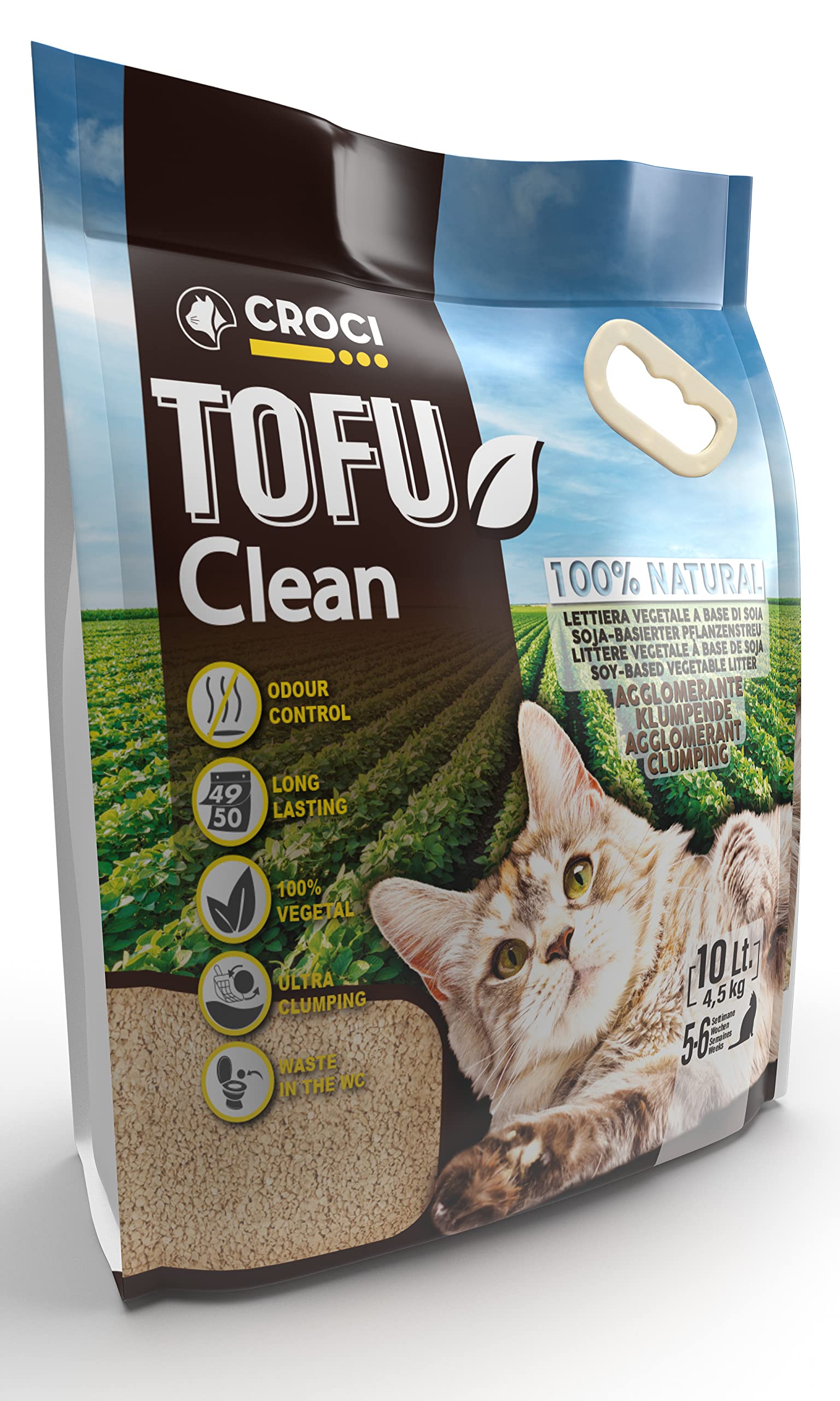 Croci Tofu Clean Litter 10L - Clumping Cat Litter, Biodegradable, flushes down the toilet, 100% vegetable, Long lasting Anti-odor Sand