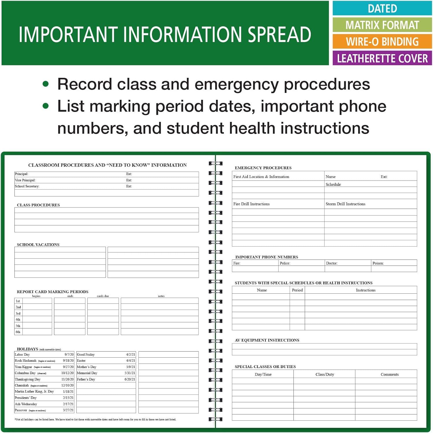 Dated Teacher Lesson Plan 7 Period: Days Horizontally Across The Top Dated for 2020-2021 Academic Year (D101) : Office Products