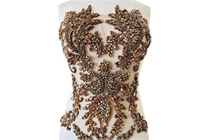 PLUNE Handmade Shiny Rhinestones Applique handsewing Beaded Sequins Crystal on lace Trim Patches for Prom Dress Clothing Decorative Accessories (Brown)