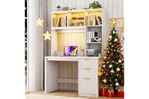 FREDEES LED Study Desk with Hutch, Home Office Desk with Charging Station & Storage Drawer, 70'H Writing Table with Glass Display Cabinet, 3 Color Light Computer Desks for Study, White